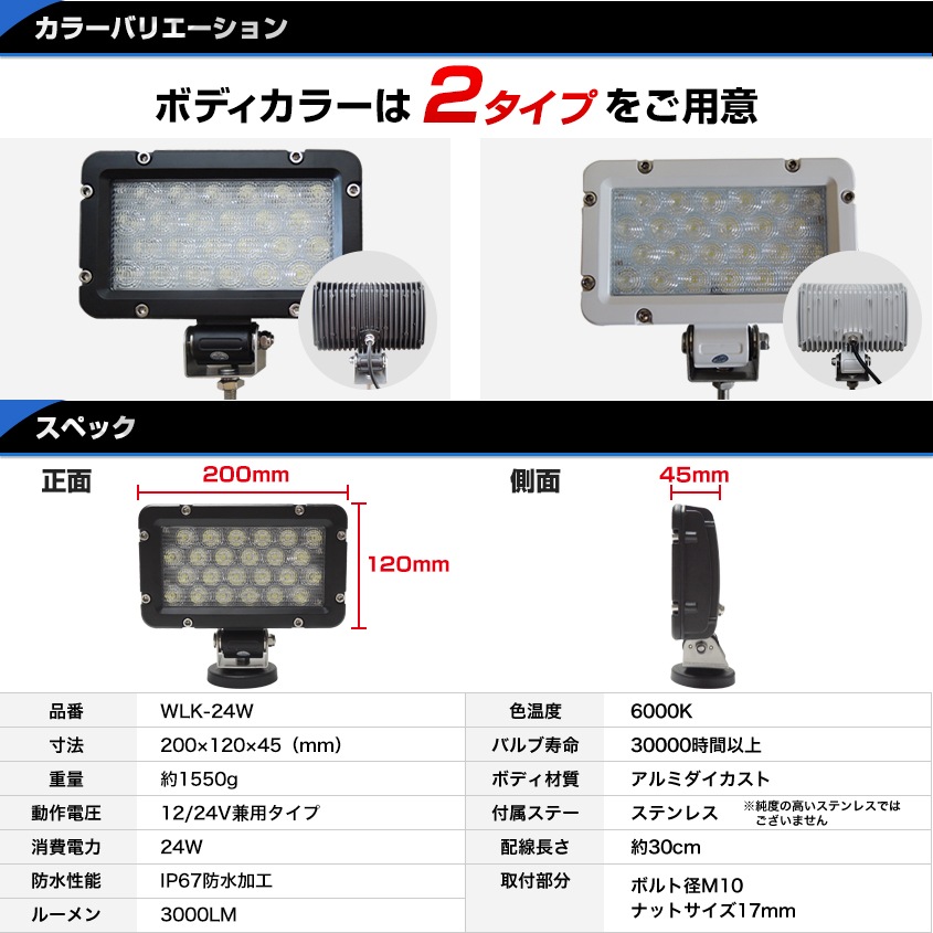 訳あり品 24w 作業灯 薄型投光器 ホワイト発光 拡散配光 DC12v/24v 対応 (ブラックボディ)