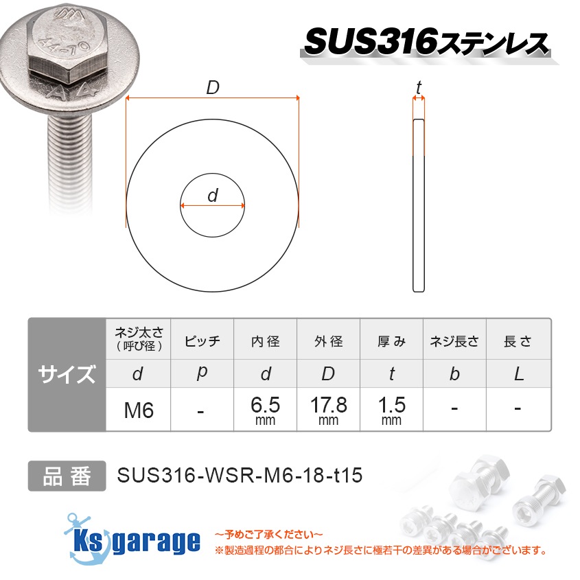 SUS316 ステンレス 幅広 大ワッシャー M6 外径18mm （4枚セット） 