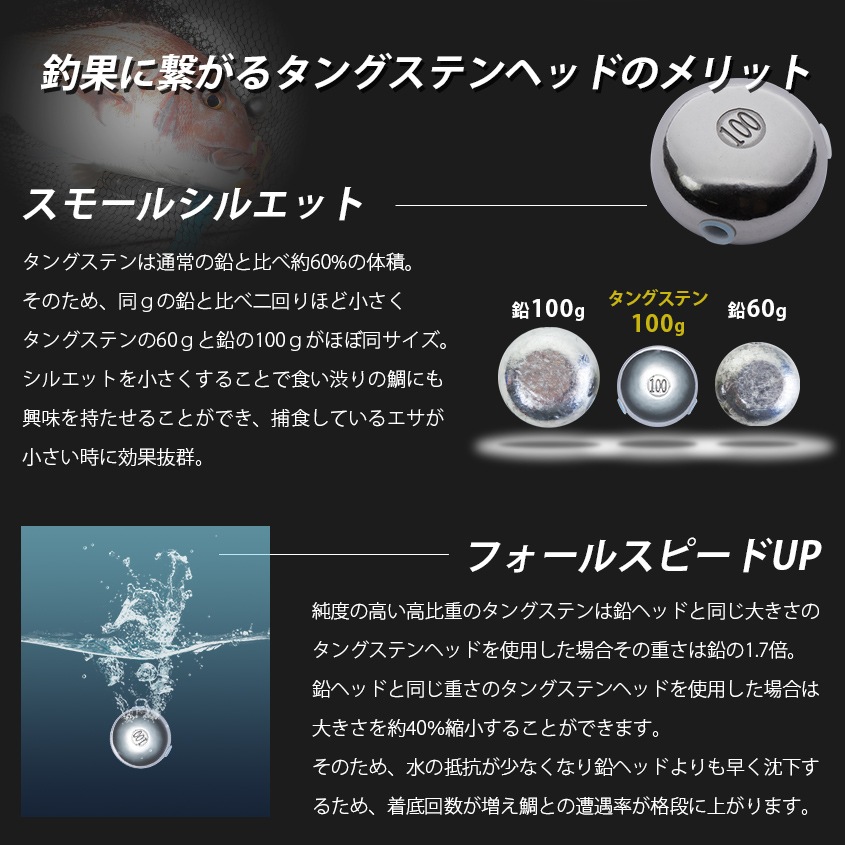 100g/120g/160g タイラバ用 タングステンヘッド 3種セット 【保護チューブ付き】
