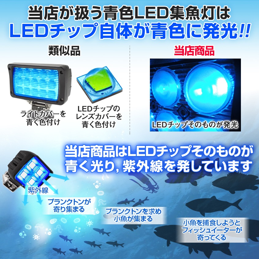 45w 集魚灯 投光器 ブルー発光 拡散配光 カーバッテリー接続キット DC12v/24v 対応 (ブラックボディ)