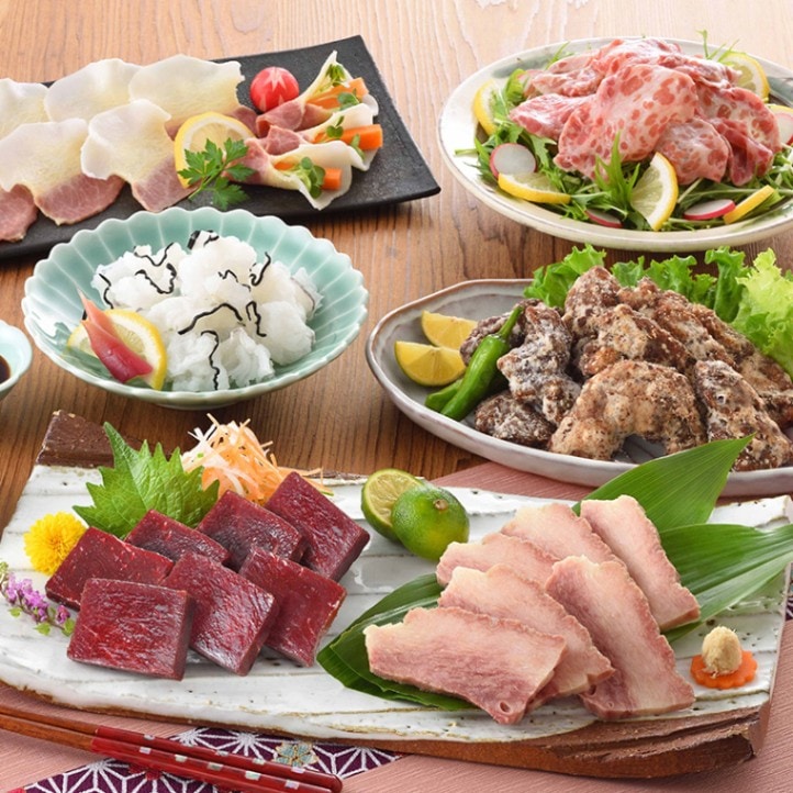 鯨の詰合せ／鯨竜田揚げ・鯨赤身肉（刺身用）・鯨おばいけ・鯨舌ボイル・鹿の子スライス・鯨ベーコンスライス <送料無料>