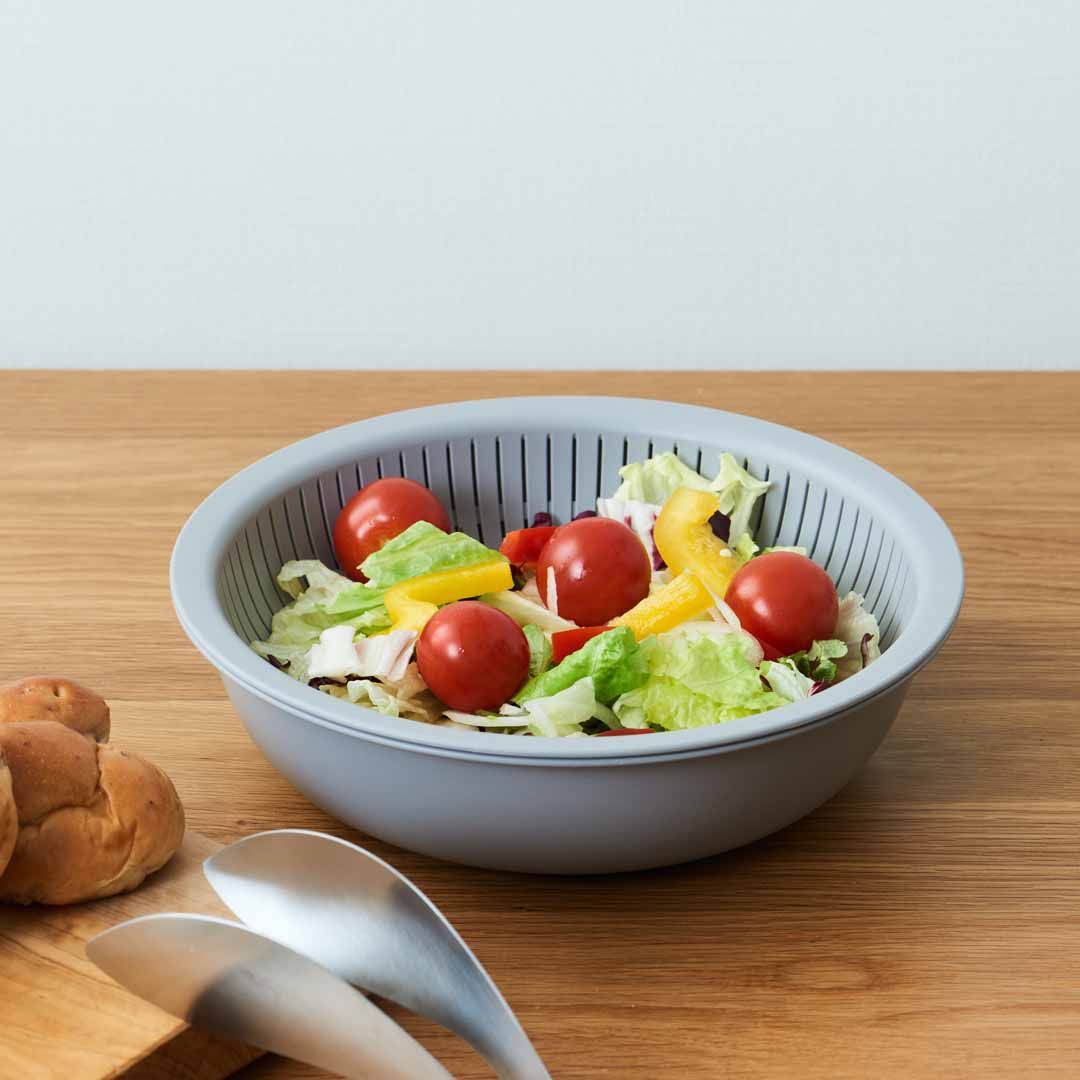 like-it】 米とぎにも使えるザルとボウル浅型・プレートセット グレー