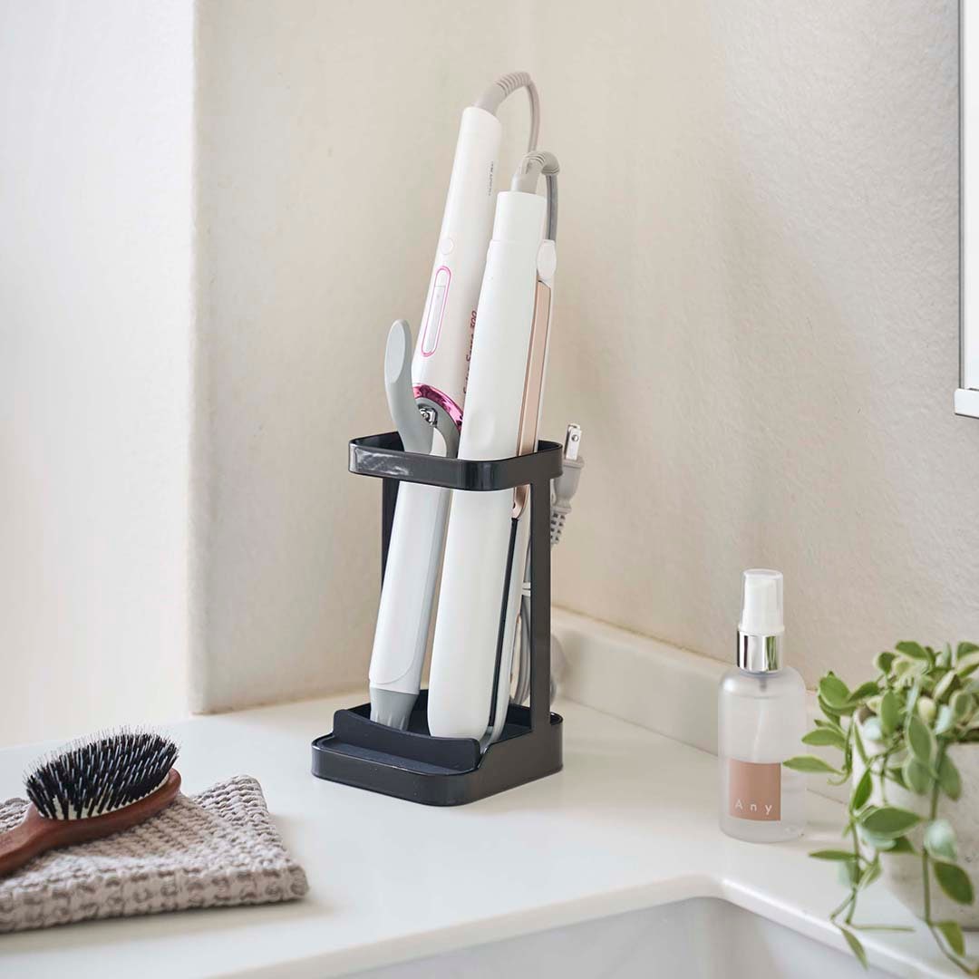 耐熱トレー付き ヘアーアイロンスタンド タワー ブラック｜バス・洗面