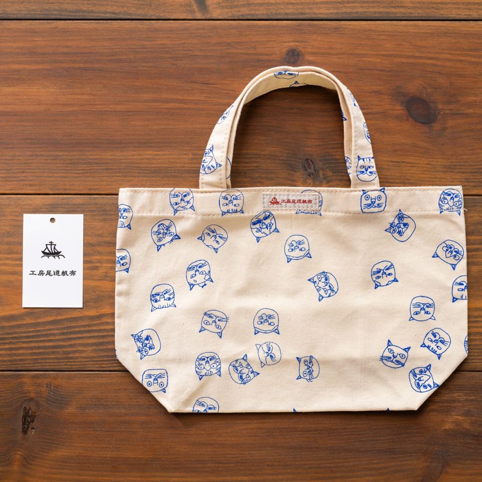 尾道帆布ねこねこミニトート（青）