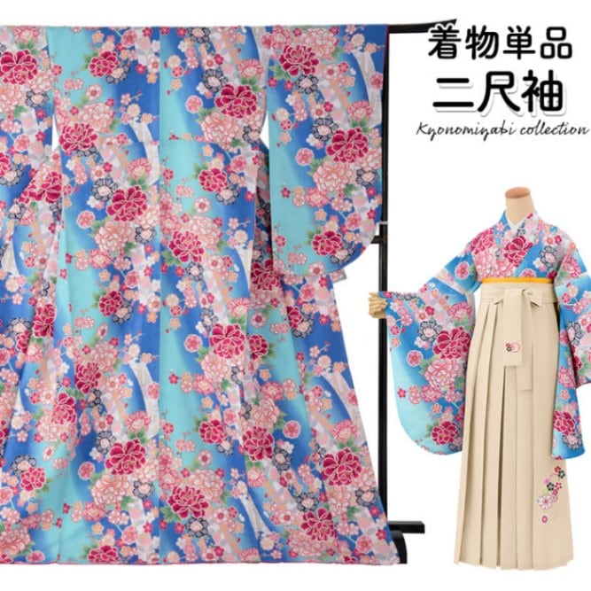 十三参り再値下げ ジュニア用 二尺着物 小振袖　身丈約150cm　赤と青の花に縞 卒業式