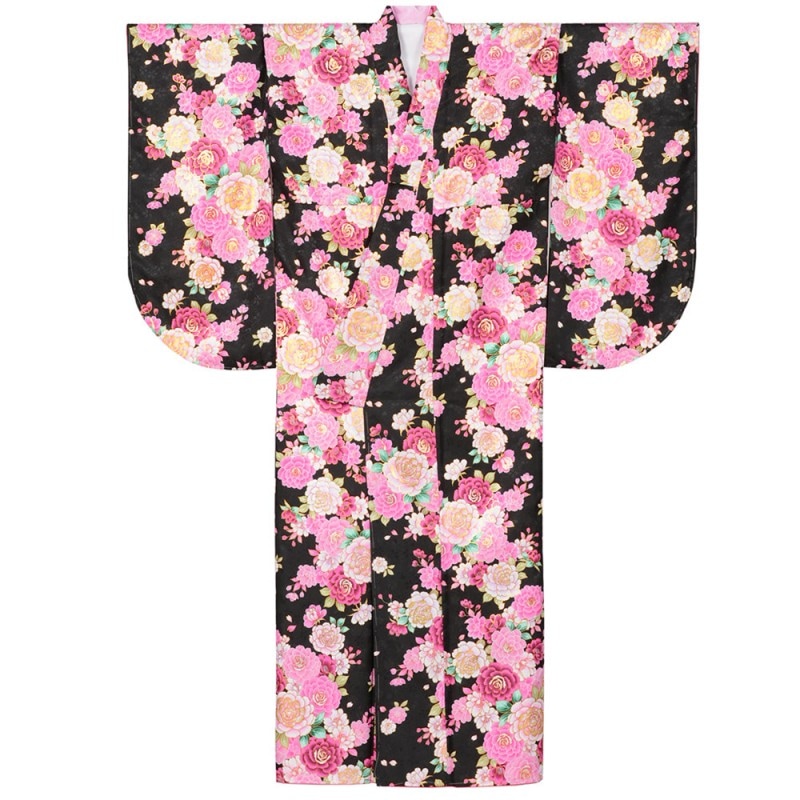 No.92 小紋着物♪ポリ♪黒に花綸子と花雪輪♪裄丈68cm♪ほぼ未使用 No.92 小紋着物♪ポリ♪黒に花綸子と花雪輪♪裄丈68cm♪ほぼ未使用の