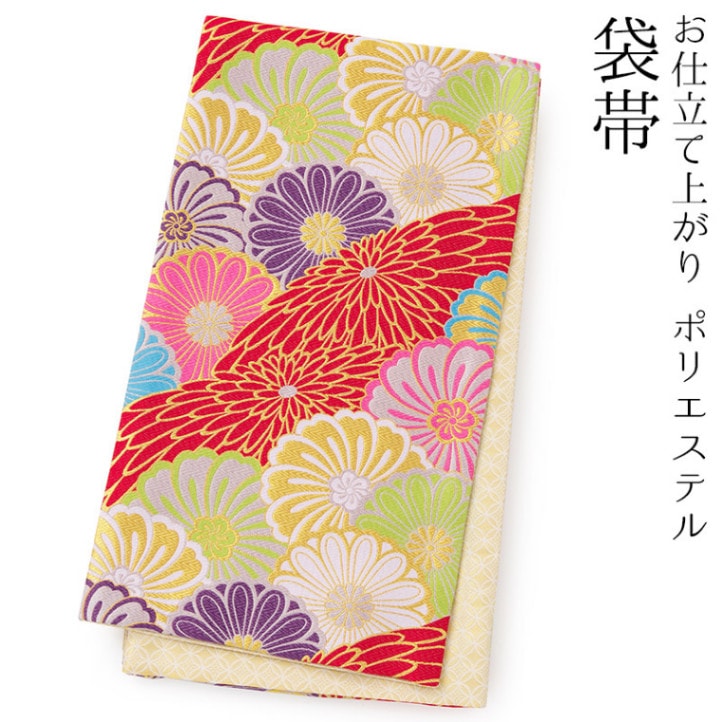 袋帯 フォーマル 振袖用 仕立て上り ポリエステル 六通 赤 乱菊 芯なし