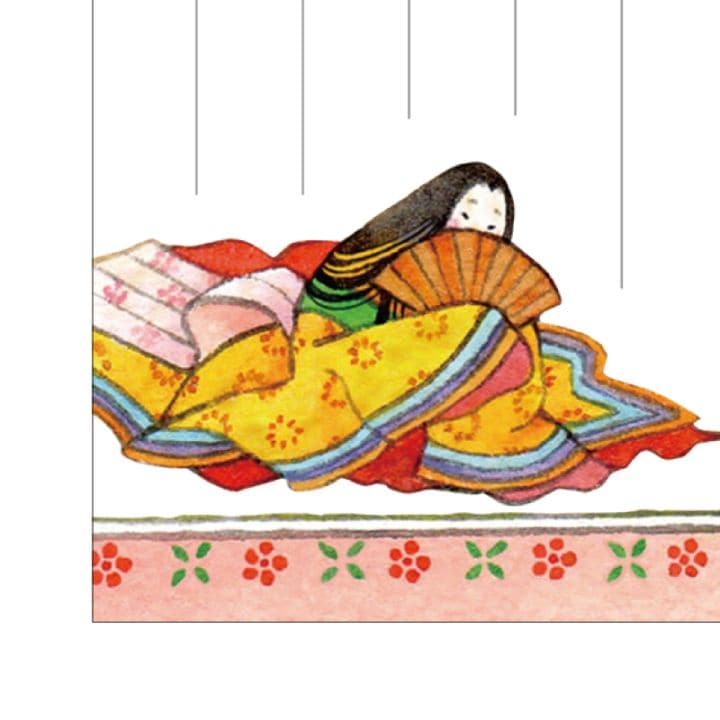 これは小野小町。愛らしい姫や、悔し気なポーズをとる大臣、とぼけた表情の坊主など、様々な歌人たちが百人一首の世界にいざないます