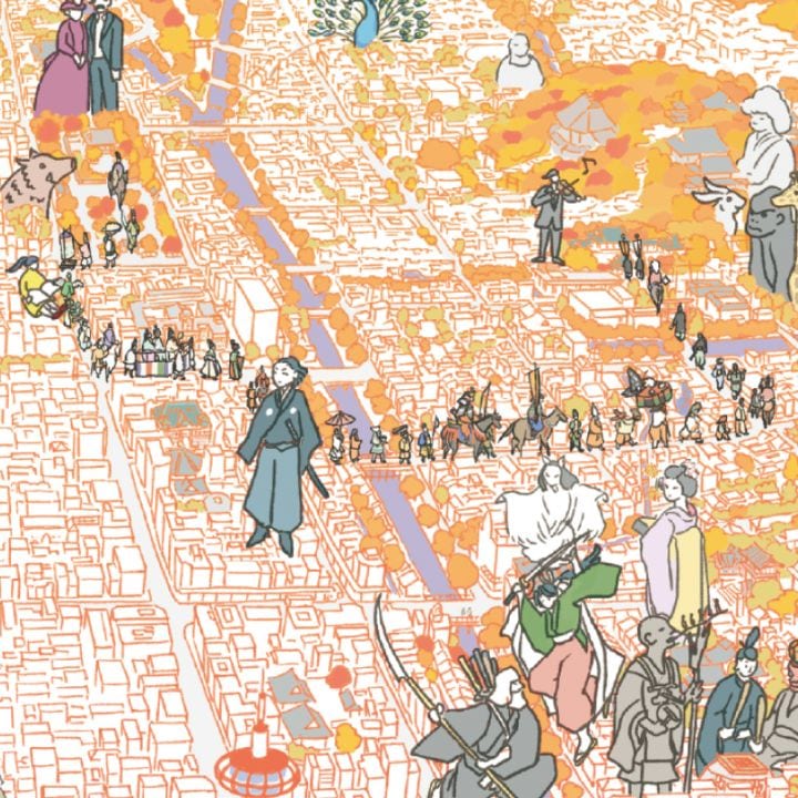 春の柄には葵祭、秋には時代祭の行列が描かれています。