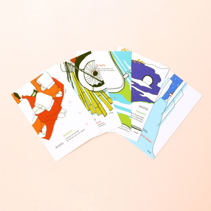 <strong>【京都の四季】</strong><br>
「野点」「祇園祭」「出町三角州」「お月見」「京都タワー」。京都の四季を感じさせるイラストのポストカード5枚セット。