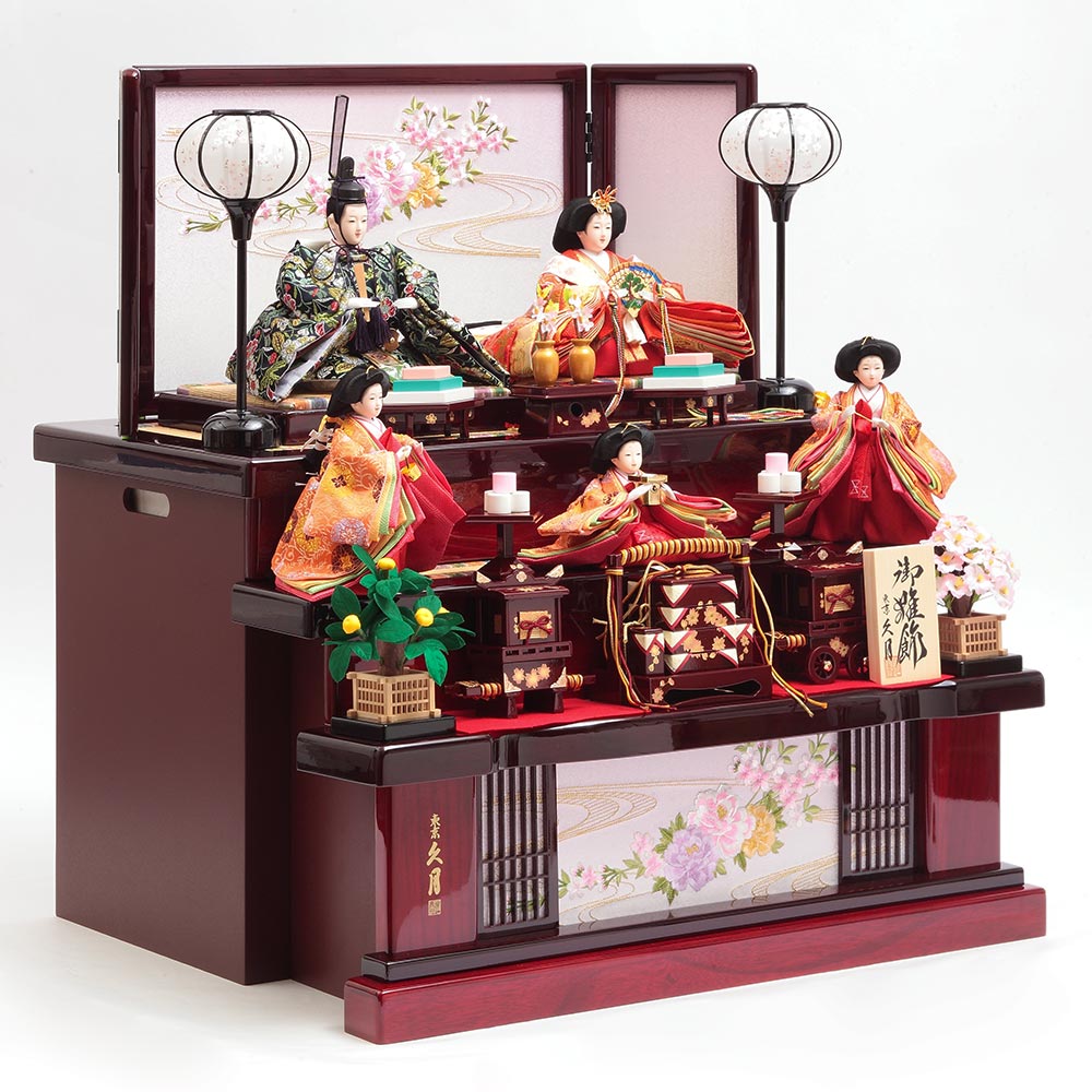 3段飾りフルセット 雛人形 3段飾り 雛人形 三段五人飾りセット【P84101】 黄金色の屏風に