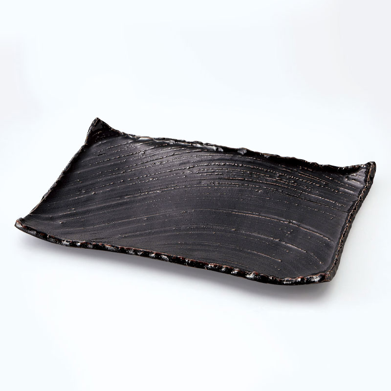 柚子黒天目　枯山水　角皿大37cm