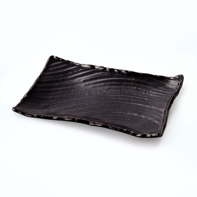 柚子黒天目　枯山水　角皿中31cm