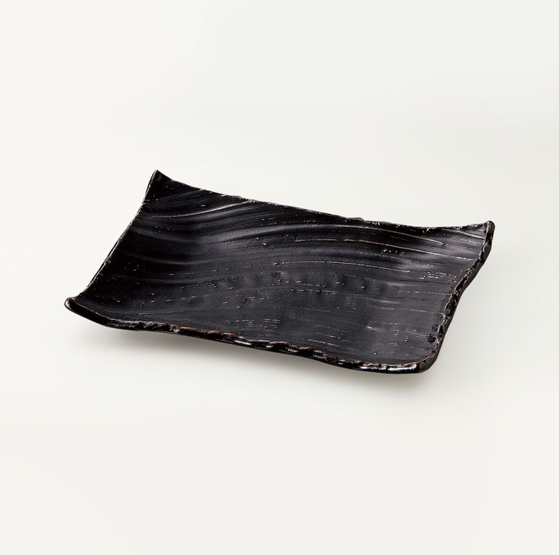 柚子黒天目　枯山水　角皿26cm