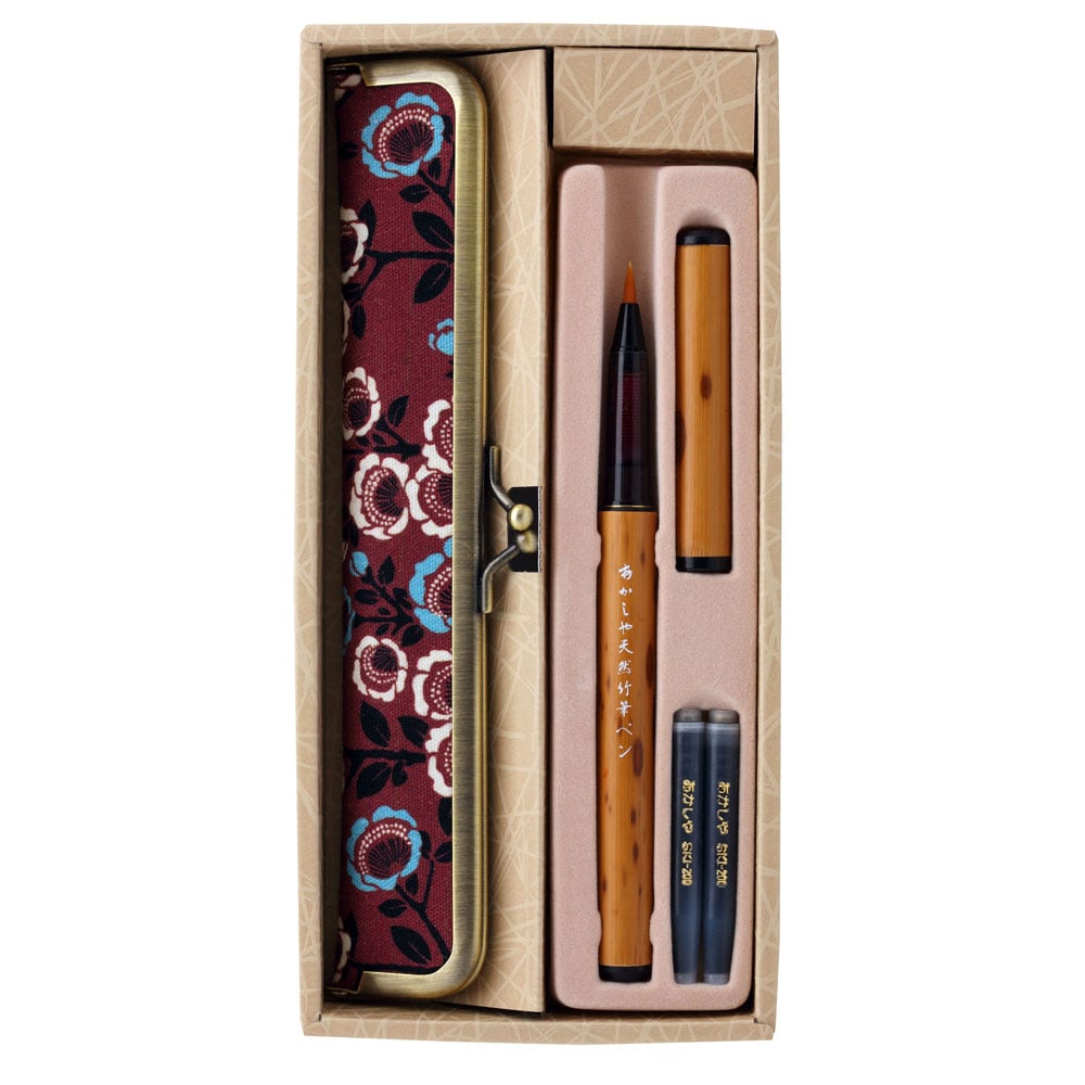 あかしや天然竹筆ペン京帯地ペンケースセット（椿） (AK5000MS-TU