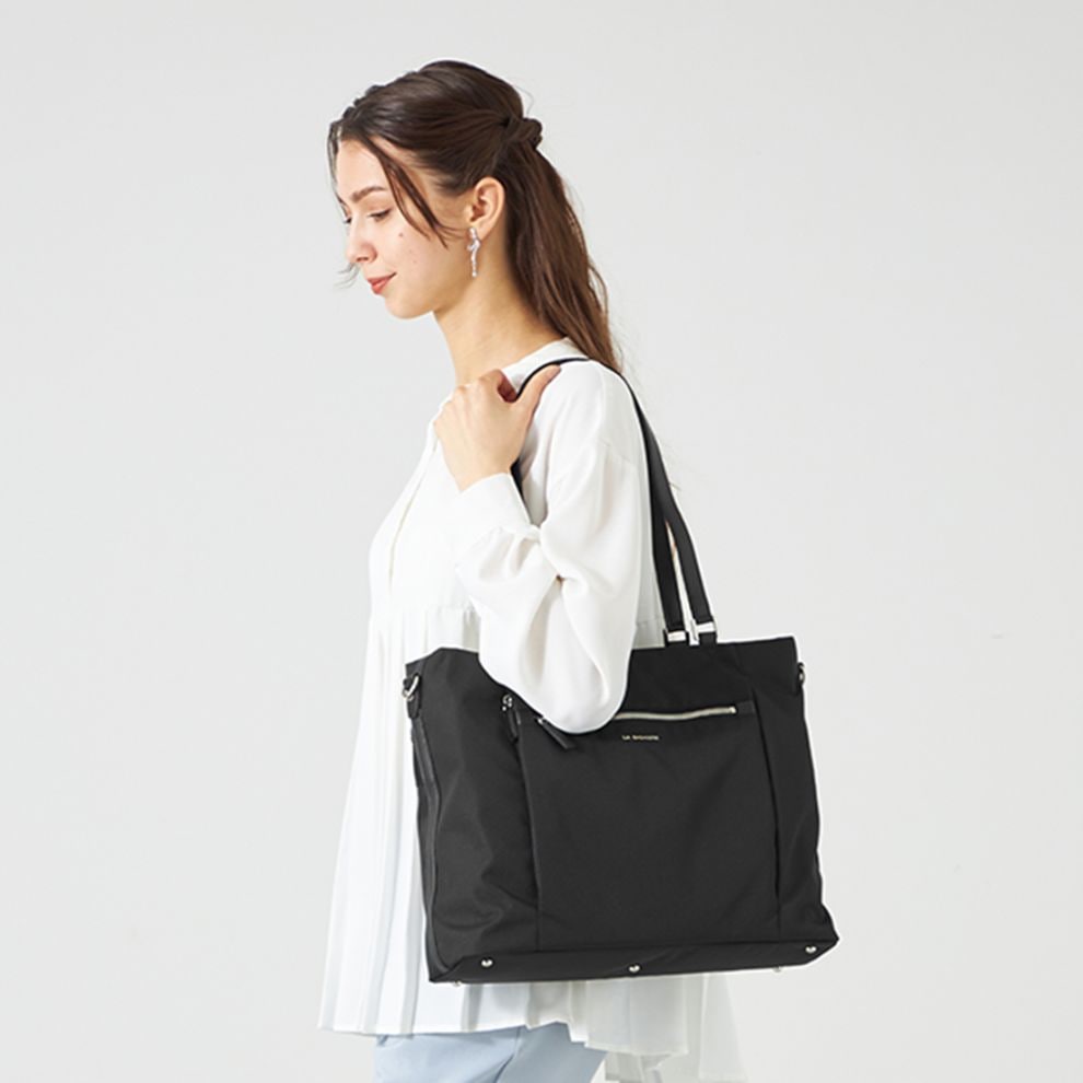 コーデュラ×リサイクルレザー スクエアトート (ブラック)