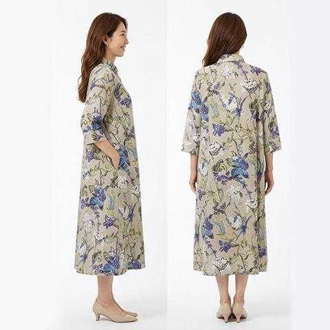 半袖前開きマキシ丈ワンピース【5138772 LINEN ベージュ 】