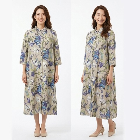 半袖前開きマキシ丈ワンピース【5138772 LINEN ベージュ 】