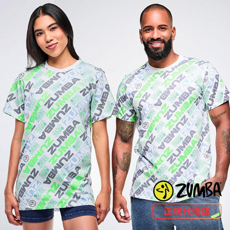 ZUMBAウエア正規品 （S）サイズ ZUMBA ズンバ 正規品 ウェアユニセックス Tシャツ 半袖 総柄 ロゴ 丸首