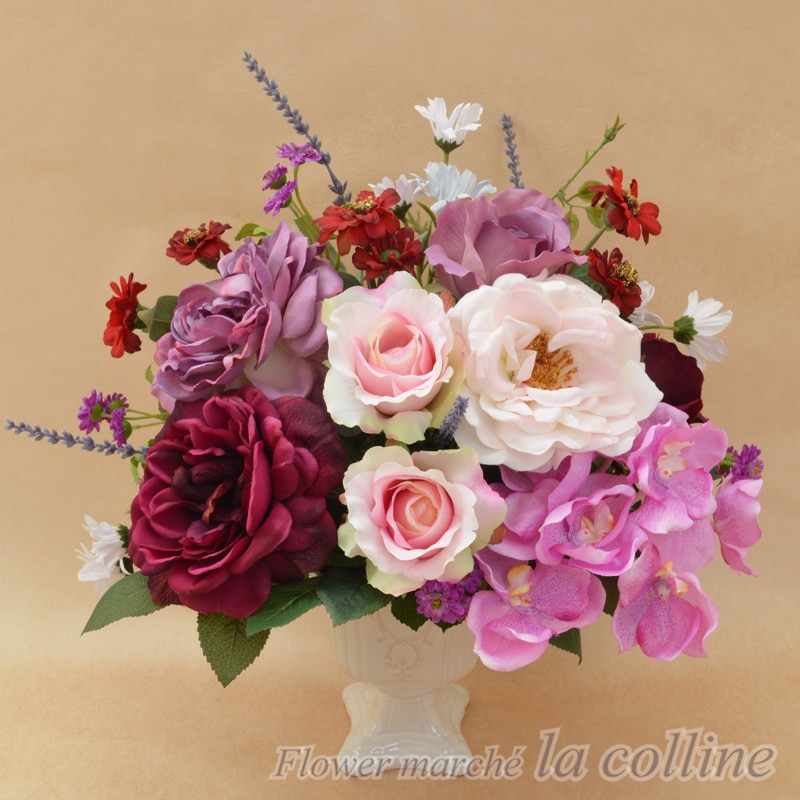 ピンクパープルのバラ チャーミングアレンジ アーティフィシャルフラワー 高級造花 アレンジ フラワーマルシェ ラコリーヌ