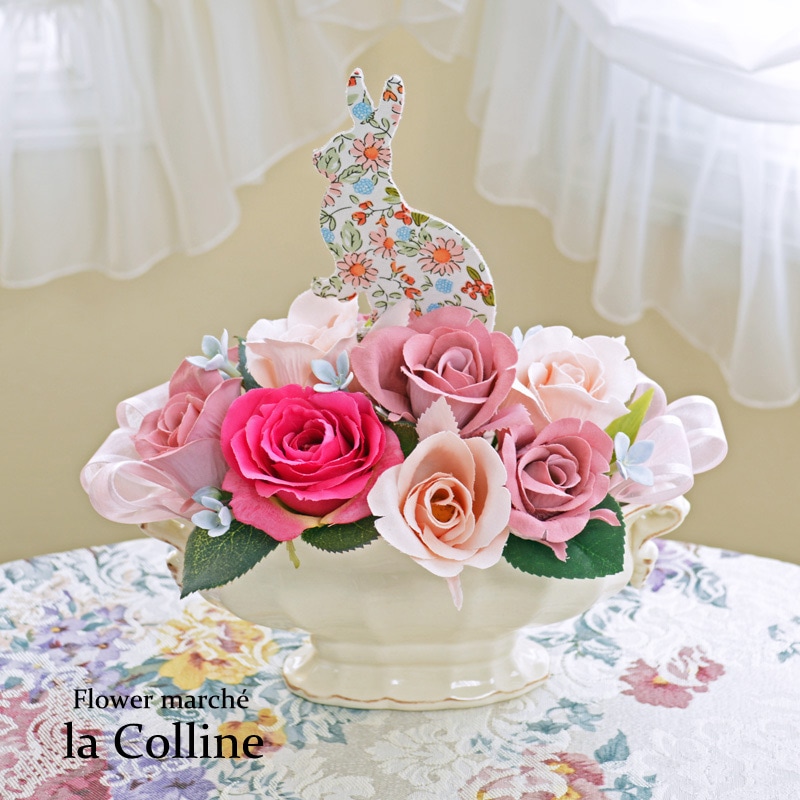 ＨＡＮＡうさぎのロマンティックローズ【アーティフィシャルフラワー（高級造花）アレンジ】-フラワーマルシェ ラコリーヌ