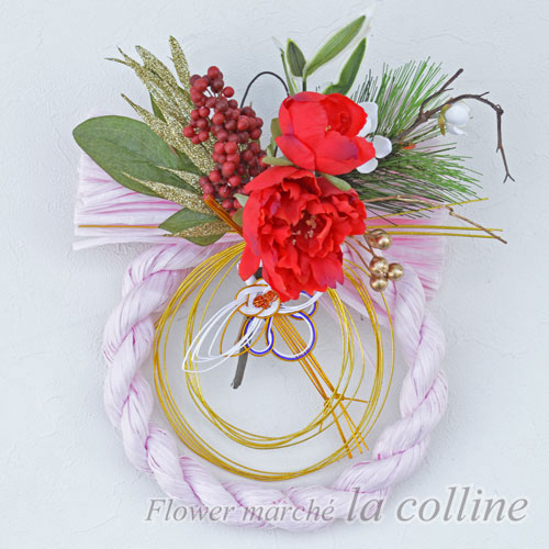 しめ縄】赤いピオニーのお正月飾り（ピンク）【アーティフィシャル  