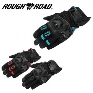 ROUGH&ROAD(ラフ&ロード)ジェットエアアドベンチャーメッシュグローブ RR8426 レディースバイクグローブ 通気性 パンチングレザー スマホ対応 防御力 牛革 ブラック×シアン 春夏用