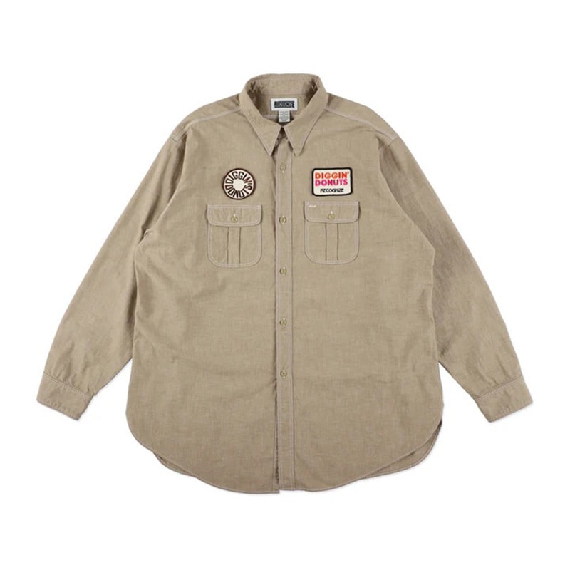 RECOGNIZE レコナイズ DIGGIN’ DONUTS BEIGE CHAMBRAY SHIRT 長袖シャツ 