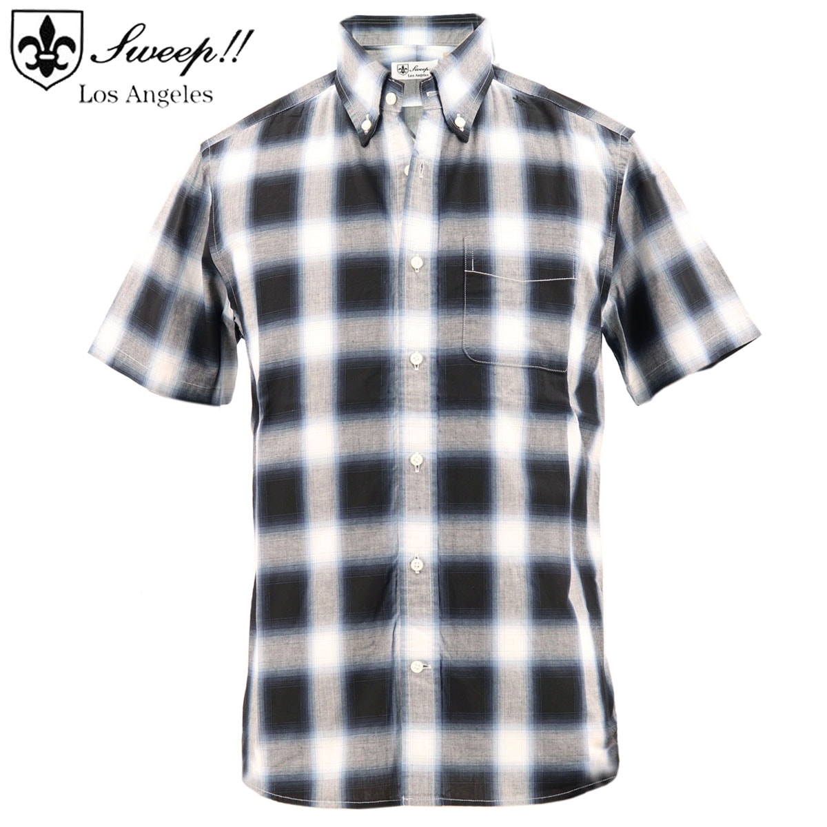 【セール 半額以下】 スウィープ ロサンゼルス シャツ メンズ コットン オンブルチェック柄 半袖ボタンダウンシャツ Sweep!! LosAngeles S/S OMBRE BLACK（ブラック）【返品交換不可】