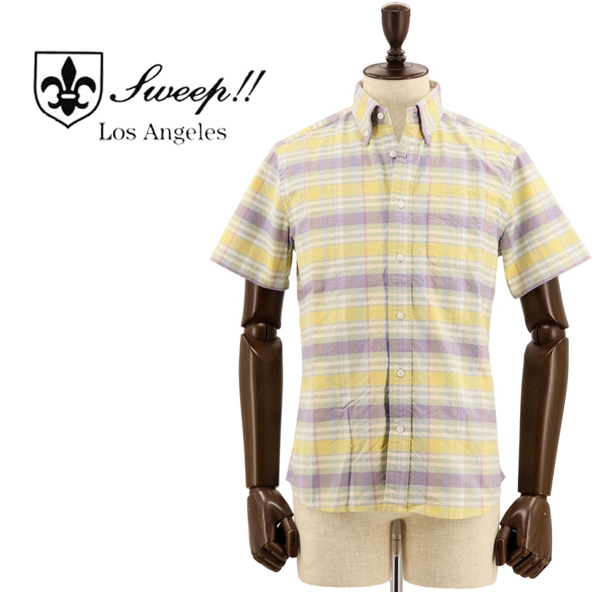 【セール 半額以下】 スウィープ ロサンゼルス シャツ メンズ コットン チェック柄 半袖 ボタンダウンシャツ Sweep!! LosAngeles S/S SurfCheck BEIGE（イエロー×ブルー）【返品交換不可】