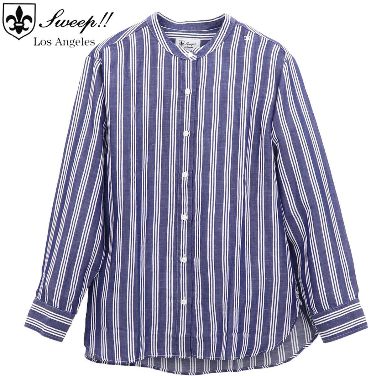 【セール】スウィープ ロサンゼルス Sweep!! LosAngeles レディス リネン混 ストライプ スタンドカラーシャツ  NAVY SL030001 SWP (ネイビー）【返品交換不可】
