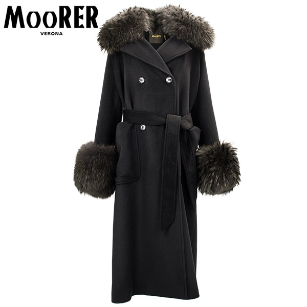 【セール】ムーレー コート レディース カシミヤ混ウール ベルテッドロングコート MOORER MALAIKA-FUR-LE MRE 81135 NERO【返品交換不可】