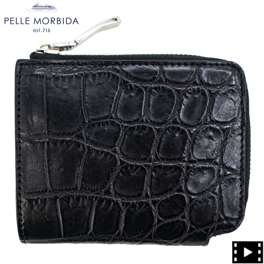 ペッレモルビダ 財布 クロコダイル L字ジップ ミニウォレット コンパクト財布 PELLE MORBIDA PMO-CRS105 PMO BLACK 春夏新作