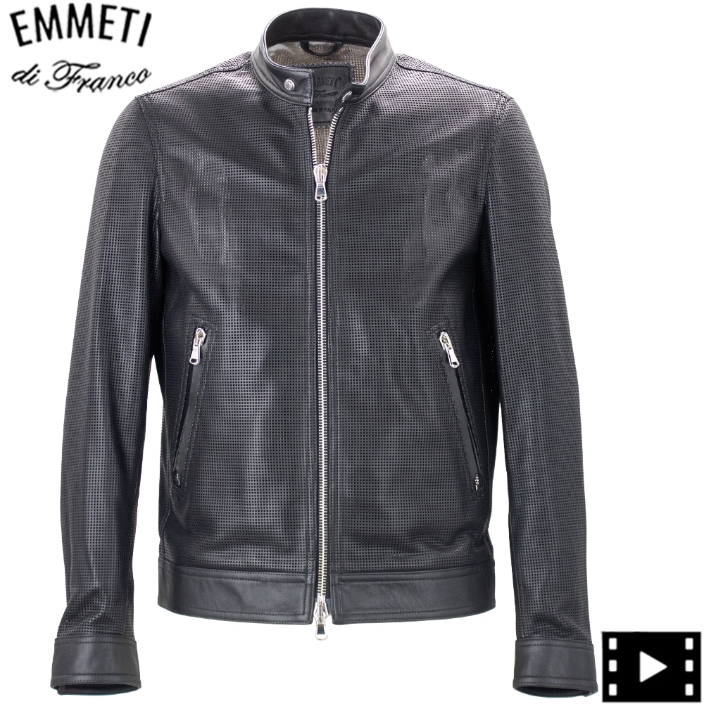 EMMETI シングルライダースジャケット 46 ブラック エンメティ ライダース メンズ ラムスキン ナッパチェラータ