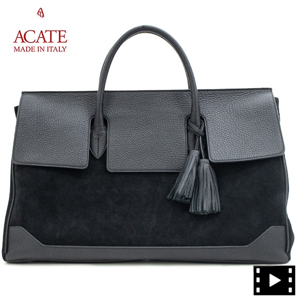 【セール】アカーテ ボストンバッグ カーフ シュリンクレザー×スエード フラップ ボストンバッグ オストロ M ACATE OSTRO_M ACT SH/SU BLACK 【返品交換不可】