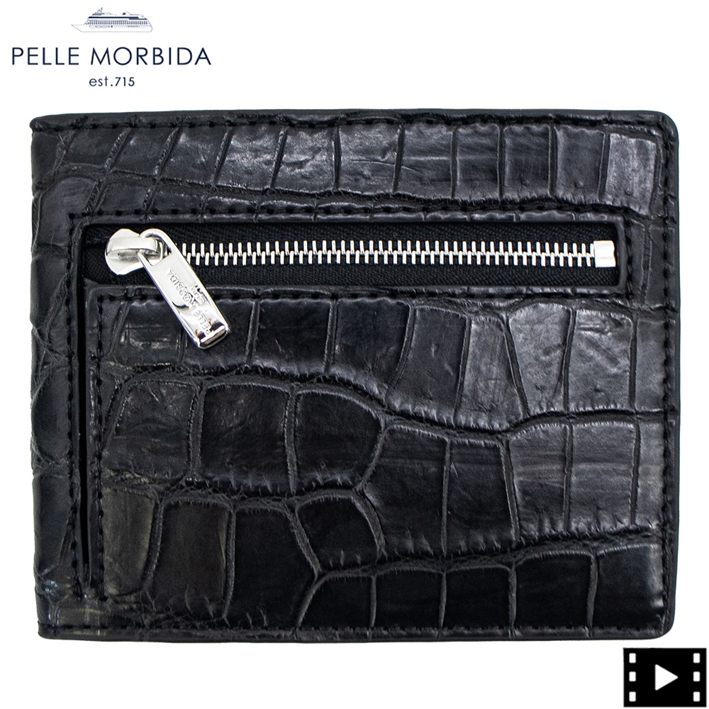 PELLE MORBIDA ブラックレザー財布 ペッレモルビダ 財布 クロコダイル コンパクト財布 PELLE MORBIDA PMO