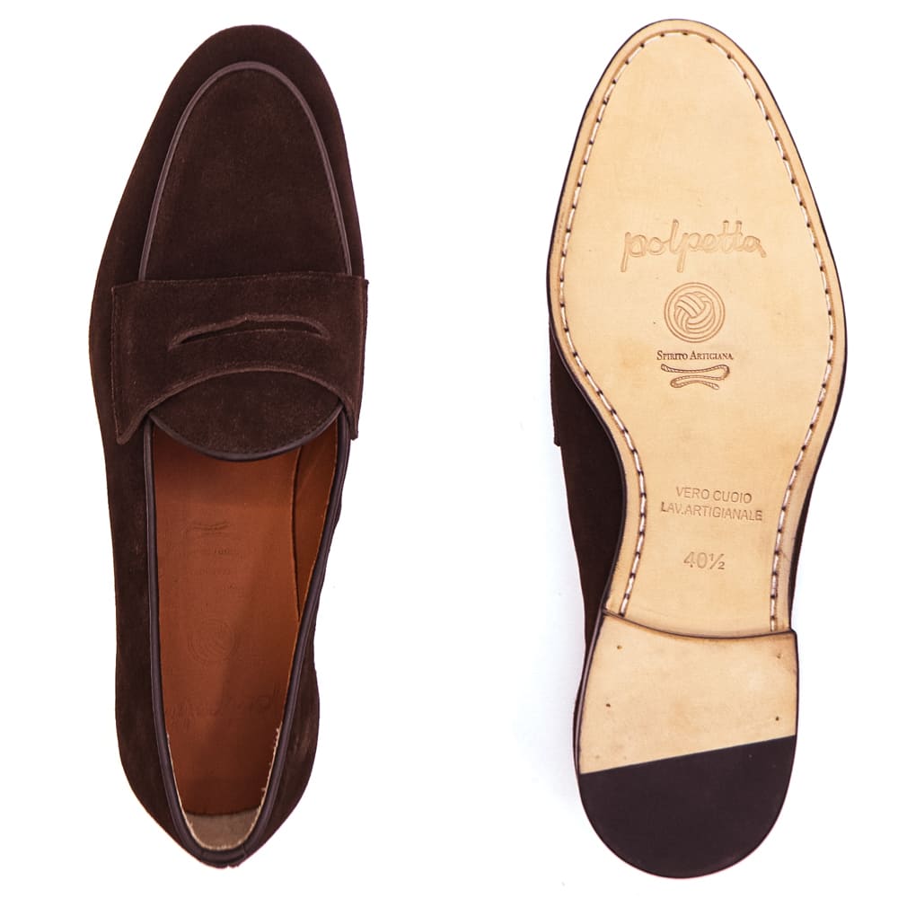 ポルペッタ レザーシューズ メンズ ボロネーゼ製法 スエード コインローファー POLPETTA PASSO COMBI POL SUEDE D.BROWN 春夏新作