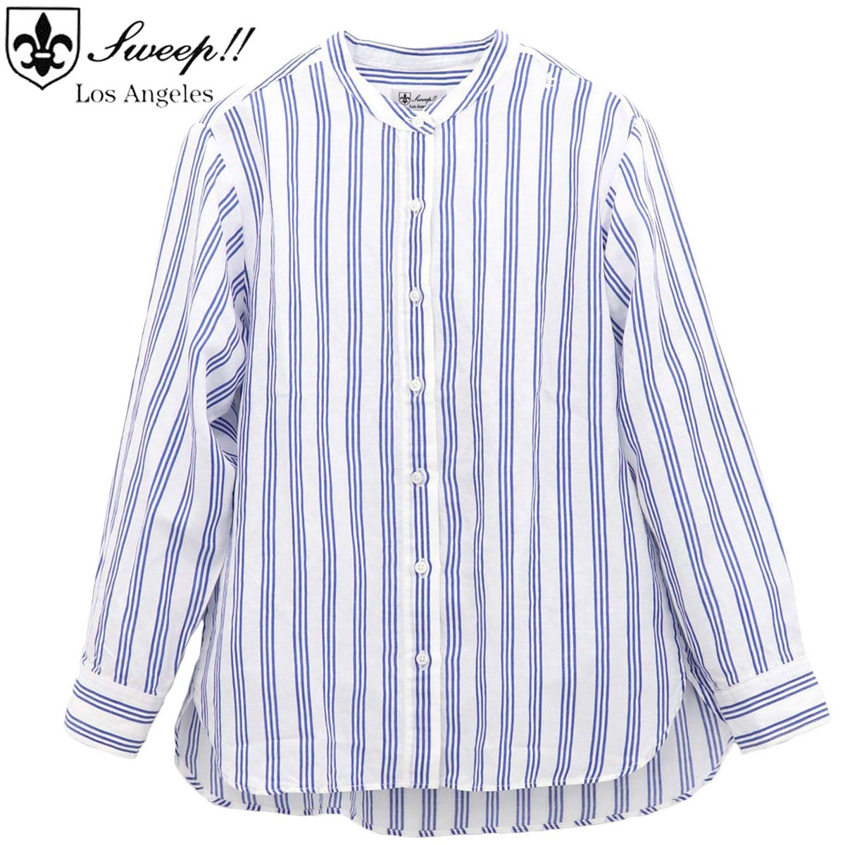 【セール 半額以下】スウィープ ロサンゼルス Sweep!! LosAngeles レディス リネン混 ストライプ スタンドカラーシャツ  WHITE SL030001 SWP (ホワイト）【返品交換不可】
