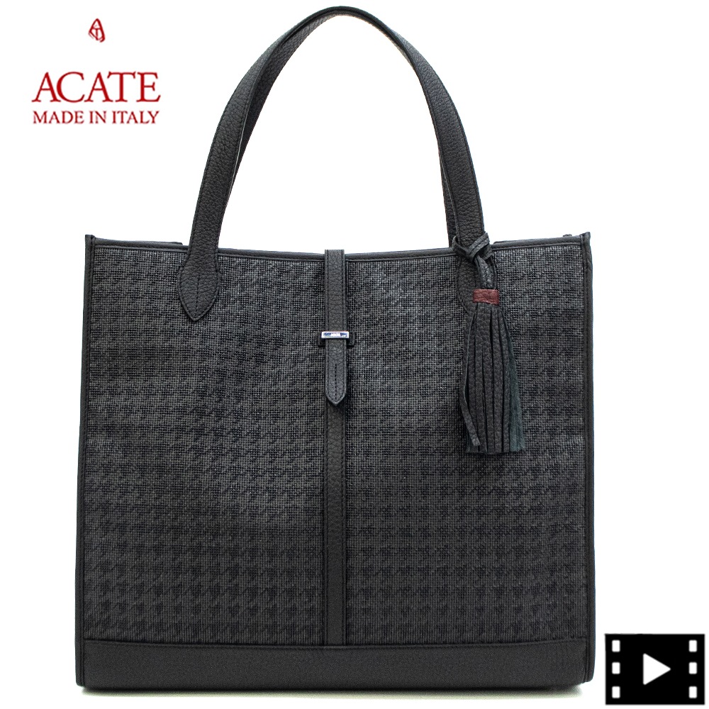 アカーテ バッグ カーフレザー 千鳥格子柄 エンボス加工 トートバッグ