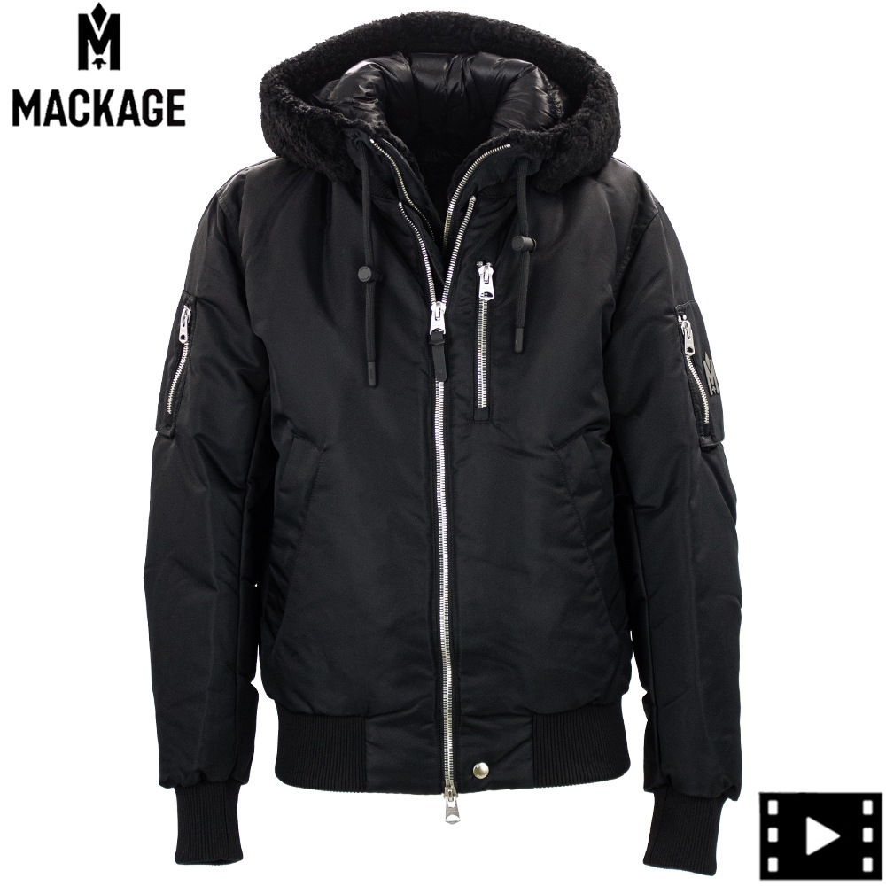 MACKAGE ブラック ダウンジャケット M マッカージュ ダウン メンズ 撥水 ナイロン デタッチャブルフード MA-1