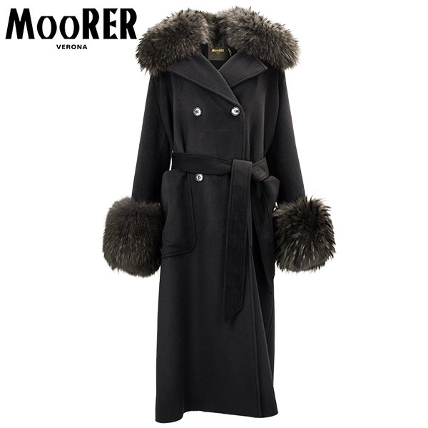 ムーレー コート レディース カシミヤ混ウール ベルテッドロングコート MOORER MALAIKA-FUR-LE MRE 81135 NERO 秋冬新作