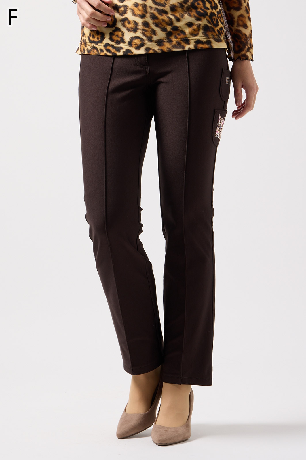 【新品タグ付】伊太利屋11号ジャガードストレッチパンツウエスト伸縮性美脚細見え 新品タグ付】伊太利屋11号ジャガードストレッチパンツウエスト