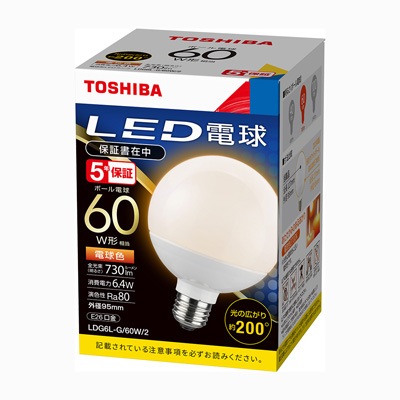 LDG6L-G/60W/2 || LED電球 東芝 ボール電球形 G95 ボール電球60W形相当