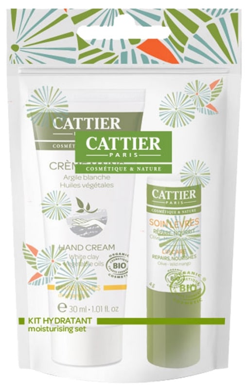 【カティエ】　オーガニック　保湿ハンドクリーム　＋　リップクリームセット！☆　（乾燥肌用）　ホワイトクレイ＆植物油入り　