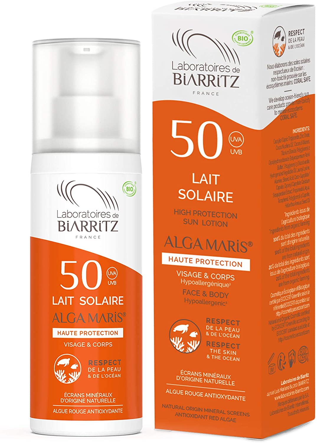 【アルガマリス　ビアリッツ皮膚科研究所】 コスメビオ＆エコサート認定　オーガニック　日焼け止めクリーム　＜フェイス＆ボディ用＞　 （敏感肌用）　SPF50 50ml