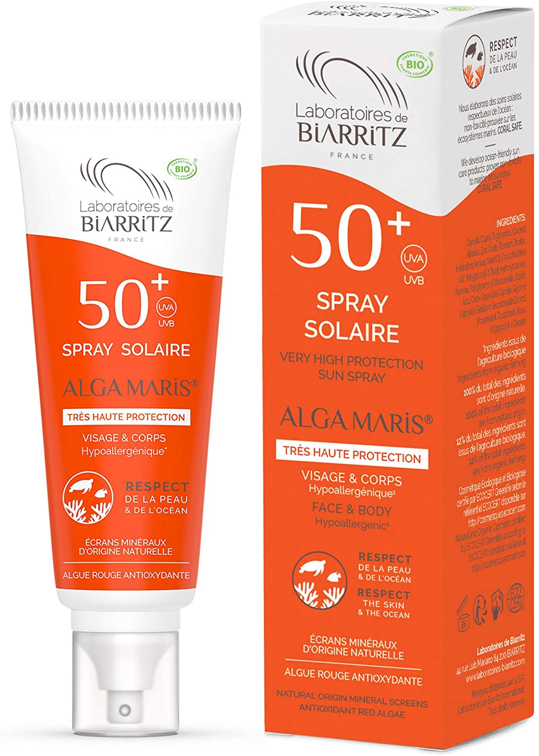 【アルガマリス　ビアリッツ皮膚科研究所】 コスメビオ＆エコサート認定　オーガニック　日焼け止めクリーム　《スプレータイプ》　＜フェイス＆ボディ用＞　 （敏感肌の赤ちゃん～大人用）　SPF50 　★たっぷり容量100ｍl★