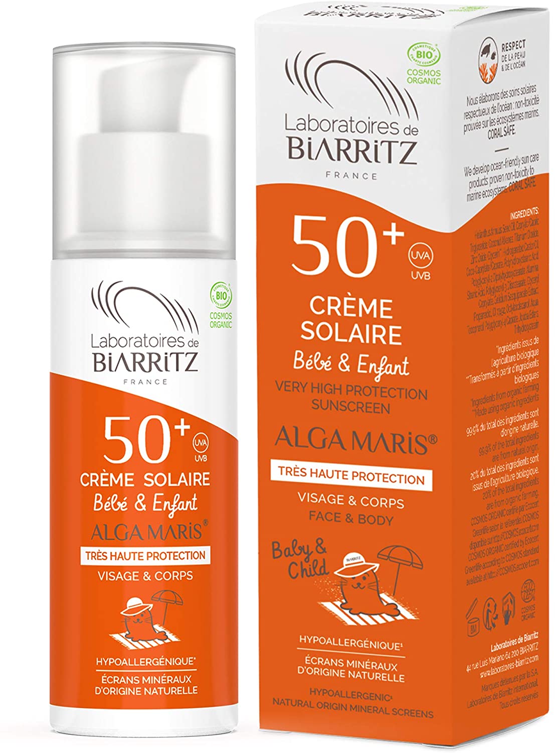 【アルガマリス　ビアリッツ皮膚科研究所】 コスメビオ＆エコサート認定　オーガニック　日焼け止めクリーム　（滑らかに伸びるタイプ）　＜赤ちゃん・こども用＞　 （敏感肌用）　SPF50　50ml