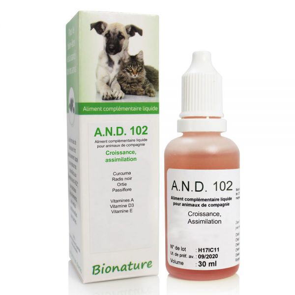 【ビオナチュール】　ペット用　成長期のミネラル補給、免疫システムの強化、ストレスに　A.N.D 102　＜ブラックラディッシュ、ターメリック、イラクサ入り＞　30ml　【CROISSANCE ET ASSIMILATION DES ANIMAUX BIO-A.N.D 102 30 ML-BIONATURE】