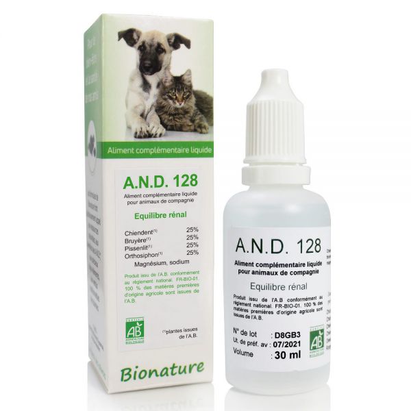 【ビオナチュール】　ペット用　腎臓バランスのサポートに　A.N.D 128　＜クワックグラス、ヘザー、タンポポ入り＞　30ml　【EQUILIBRE RENAL DES ANIMAUX BIO - A.N.D 128 30 ML - BIONATURE】