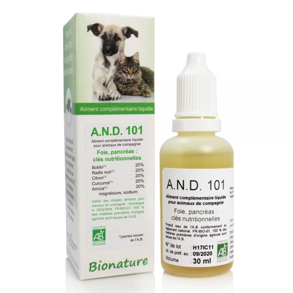 【ビオナチュール】　ペット用　肝臓と消化サポートに　A.N.D 101　＜FOIE ET DIGESTION DES ANIMAUX BIO - A.N.D 101 30 ML - BIONATURE】